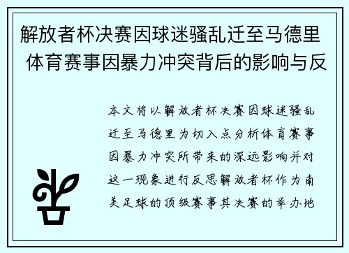 解放者杯决赛因球迷骚乱迁至马德里 体育赛事因暴力冲突背后的影响与反思 解放者杯决赛因球迷骚乱迁至马德里 体育赛事因暴力冲突背后的影响与反思